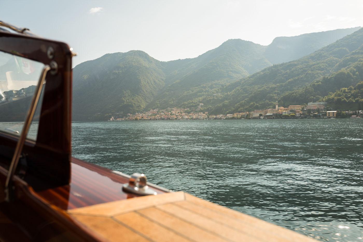 Bow of a wooden motorboat on Lake Como