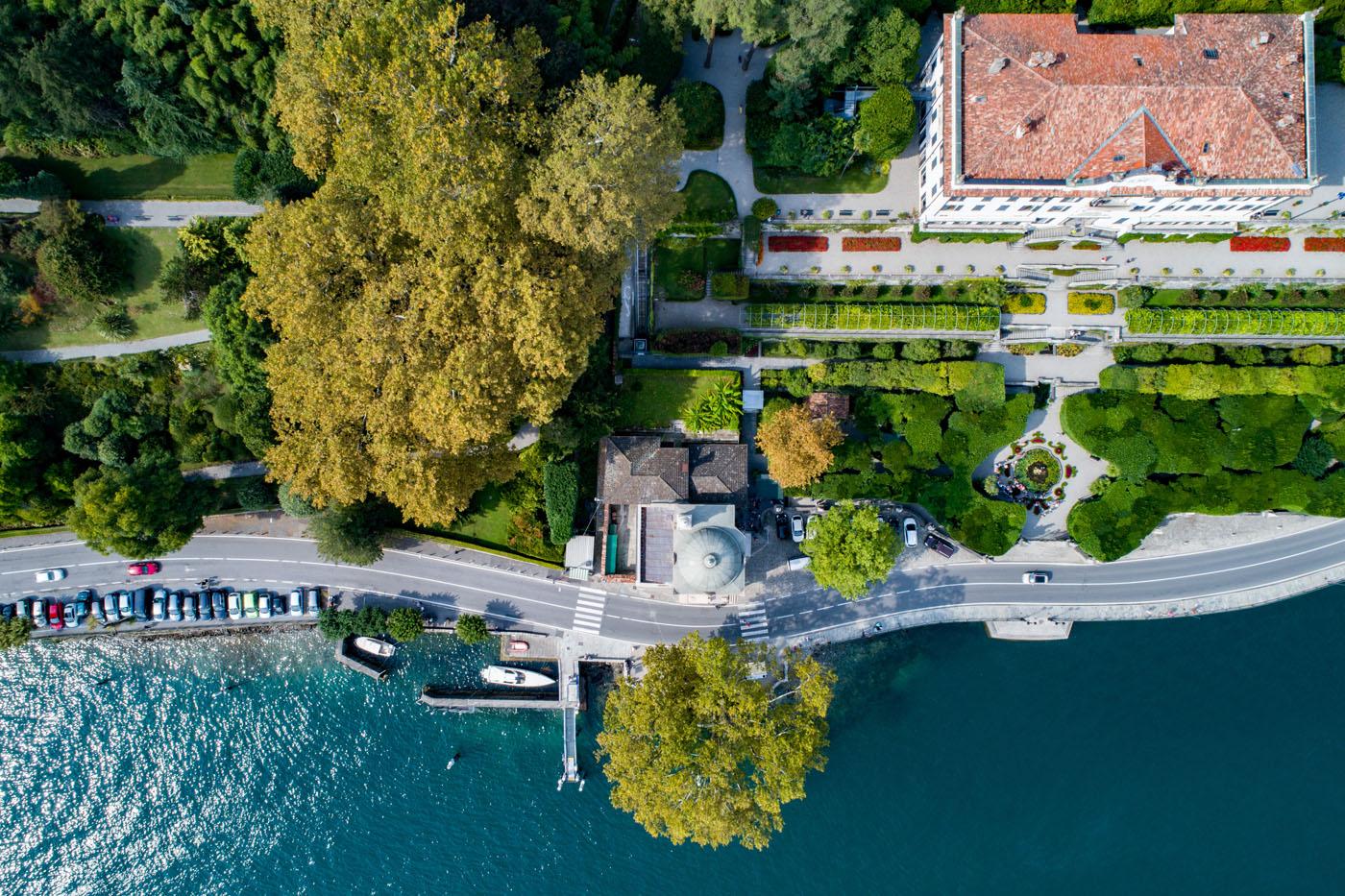 Aerial view of Villa Carlotta and its gardens, Tremezzo, Lake Como